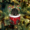 Weihnachtsstrumpf-Anhänger mit süßem schwarz-braunem Welpen und Rentiergeweih-Dekor - Do Khyi Typ