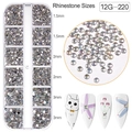 Set nail art da 12 scomparti con strass AB iridescenti in misure 1,5mm, 2mm e 3mm - Strass a Dorso Piatto AB Aurora (12G-220)