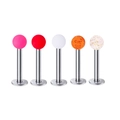 Set of 5 stainless steel lip and ear studs with colorful acrylic balls and flat back - Clay Ball + Glitter Ball