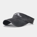 Detail view of washed distressed denim sun visor with white wave embroidery design. - Adjustable / Black