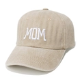Close-up of MOM white embroidery on washed khaki cotton baseball cap with curved brim - M (56-58cm) / Khaki (MOM Embroidery)