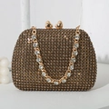 Elegant gold rhinestones evening clutch bag with metal chain strap and heart clasp - Gold