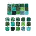 Macro detail of 15-compartment glass bead kit with green tone seed and bugle beads - 15 Grids/Box / Green Series 2