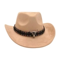 Khaki unisex felt cowboy hat with ethnic band and silver bull skull ornament - Camel