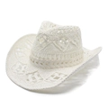 Macro view of white woven straw cowboy hat featuring hollow diamond pattern detail - M (56-58cm) / White