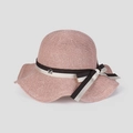 Detailed texture of pink knit sun hat featuring a striped ribbon bow and metal charm - M (56-58cm) / Pink