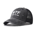 Washed dark gray trucker hat with WTF WHERE'S THE FISH print and breathable mesh back - Black