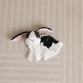Dettaglio di un coniglio di peluche bianco e nero con orecchie rosa su un tappeto - Guscio Coniglio Maculato Nero Stile Accovacciato / Fodera non Imbottita