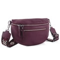Burgundy pebbled leather crossbody bag with ethnic embroidered wide strap and zippers - Deep purple