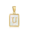 Square gold letter U pendant with white mother-of-pearl inlay on a sleek white background - Letter U