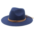 Detail showing deep blue wide-brim straw hat with brown leather cord and gold beads - Navy Blue