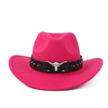 Détail d'un chapeau de cow-boy rose avec icône tête de taureau et rivets bronzes - Rose fuchsia (Bande en cuir noir)