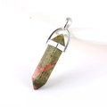 Polished green and red natural stone hexagonal prism pendant with silver clasp - Unakite