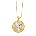 Gold plated initial K necklace with round sunburst pendant and crystal inlay - Letter K