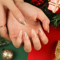 Faux ongles amande longs avec dégradé nude pailleté et motifs flocons de neige dorés - Nude Dégradé Or Flocon (JP2696)