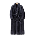 Thick navy blue fleece bathrobe for men and women featuring elegant white piping details - Navy Blue