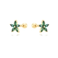 Detail of 24K gold flower stud earrings featuring emerald green marquise cut crystals - Gold - Green Zirconia