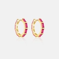 Detailed close-up of gold hoop earrings with rectangular ruby-red zircon stones - 925 Silver / Gold (Rose Red)