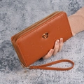 Brown long textured wallet with double gold zippers and heart metallic buckle - Brown