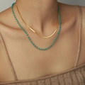 Double-layered turquoise bead and flat snake chain necklace set for women in gold - Turquoise Necklace (P1895-绿松石项链-(39-45)+5cm)