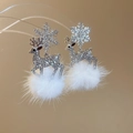Detailed close-up of sparkling reindeer and snowflake earrings with soft white pom poms - Silver (925 Sterling Silver Earring Post) / 15# Silver Snowflake Elk Pom Pom