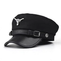 Classic black military beret with silver bull head emblem and polished leather brim - Black With Bull Head