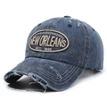Distressed dark blue denim baseball cap with vintage embroidery and washed torn details - Navy Blue
