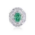 Elegant S925 silver ring featuring an oval green emerald gemstone with double halo diamonds - US 6 / Paraiba Blue