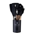 Set di 14 utensili da cucina in silicone nero con manici in legno e secchiello portaoggetti - Nero Set da 12 Pezzi Con Secchiello Piccolo (Versione Leggera)