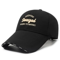 Black cotton baseball cap with embroidered lettering and printed sports brim detail - Adjustable / Black with Gold Embroidery