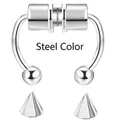 Non-piercing steel color magnetic nose ring with interchangeable ball and cone studs - Steel