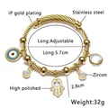 Golden Evil Eye and Hamsa Hand stainless steel adjustable woven wire bangle for women - I-Gold Rhinestone Hamsa Style