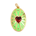 Oval copper pendant with red heart zircon and green enamel starburst in gold finish - Green-Oval Heart Radial Pattern
