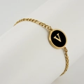 18K gold plated stainless steel chain bracelet with black enamel letter V charm - Letter V / Gold/Black