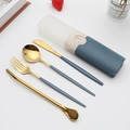 Portable blue and gold stainless steel cutlery set with storage box and straw - Type A Blue+Gold