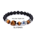 Matte black onyx beads with yellow tiger eye pyramid and silver Hamsa hand charm bracelet - Tiger Eye Style