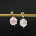 Elegant gold earrings featuring pink Baroque pearls and sparkling white zircon stones - Round Small Zirconia Stud