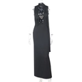 Detail of sexy backless dress showing halter neck with gold chain and flowing ribbons - S / Black