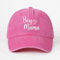 Close-up of white Boy Mama embroidery and heart pattern on pink washed cotton cap - One Size / Rose Red