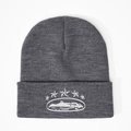 Dark grey knitted beanie featuring five white embroidered stars and landscape motif - Medium Heather Grey