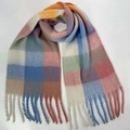 Winter thick scarf in colorful pastel plaid pattern with soft fringes and blue accents - 16# (Multicolor Spliced Plaid)