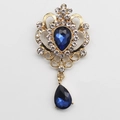 Vintage golden brooch with teardrop blue crystals and sparkling rhinestones - Ink Blue