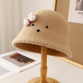 Cute beige fleece bucket hat with bow and cartoon face for women and kids - M (56-58cm) / Dog Style / Khaki