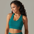 Dark teal ribbed seamless sports bra with U-neck design and high elasticity knit - S / Tops / Dark Green