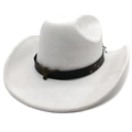 Detail of white suede cowboy hat featuring vintage leather band and bronze bull head logo - M (56-58cm) / White