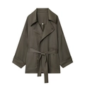 Deep olive green belted trench jacket with large lapels on a clean white background - XS / Tops