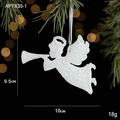 White glitter angel Christmas ornament with ribbon hanging on a festive pine branch - Angel with Trumpet Style