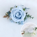 Light blue faux rose wrist corsage with eucalyptus leaves and white lace elastic band - Wrist Corsage / Blue