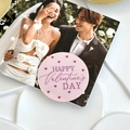 Pink round acrylic Valentine's Day cupcake topper with Happy Valentine's Day purple text - Color Print Pink Happy Valentine's Day