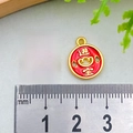 Golden fortune coin charms with red enamel and lucky carvings on a measuring ruler - Double Sided Round Wealth Charm (15x12mm)